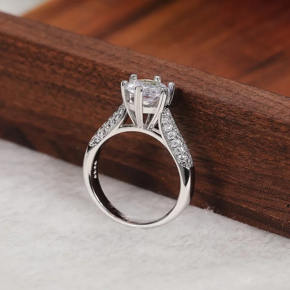 😍Engagement Flower Anillos Pure Round CZ Dainty Silver Plated Ring, L141